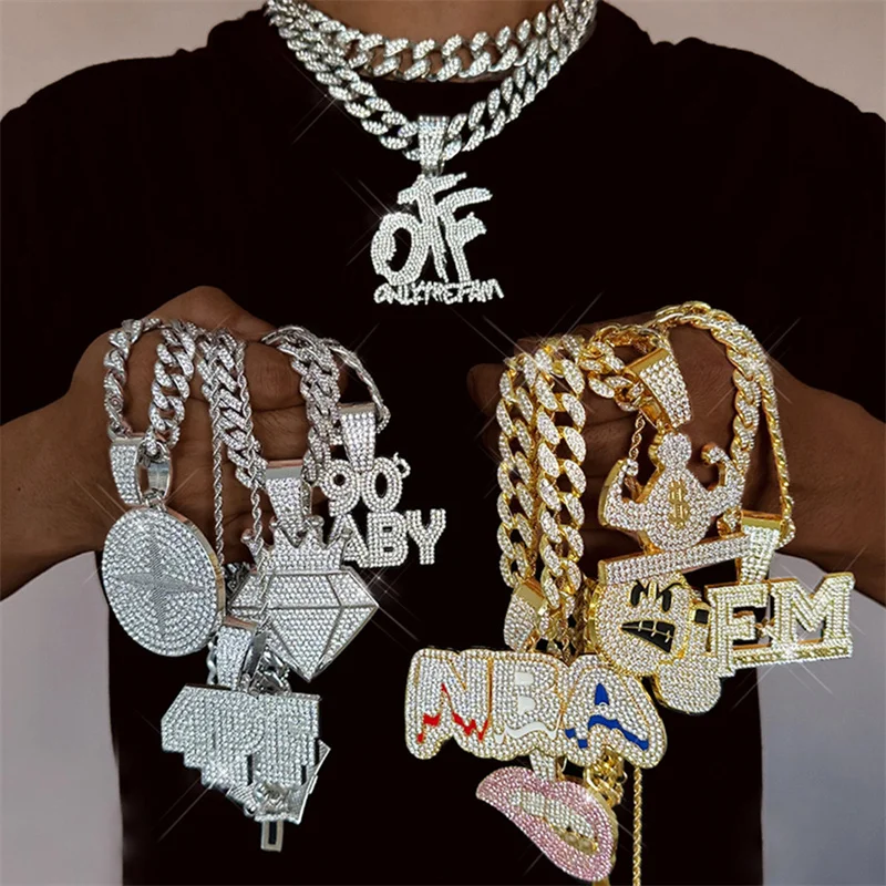Hip Hop Multiple Types Crystal Letter Animal Pendant With Chunky Alloy Miami Cuban Chain Personalized Iced Out Party Jewelry