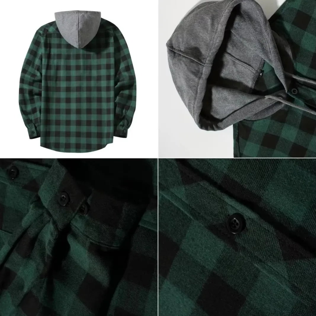 Men's Business Spring And Autumn Patchwork Plaid Casual Buckle Hooded Long-Sleeved Double-Pocket Shirt Hoodie Jacket Top Shirts