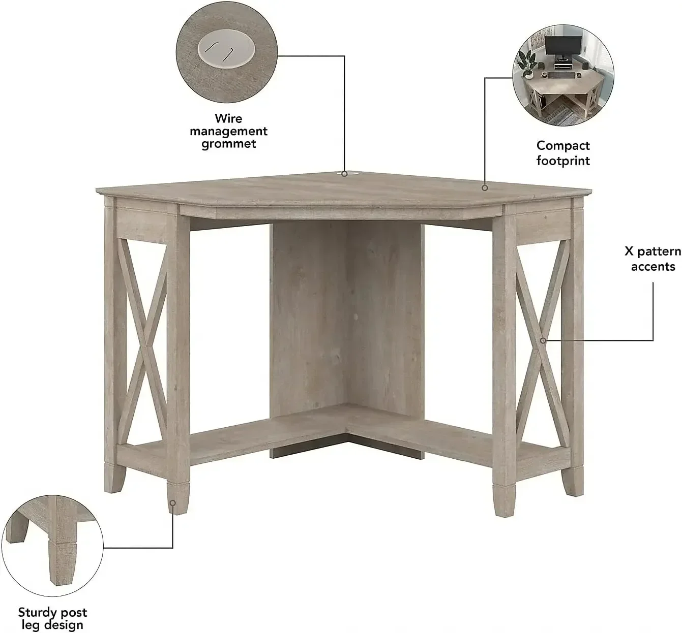 مكتب زاوية صغير من Bush Furniture Key West باللون الرمادي المغسول