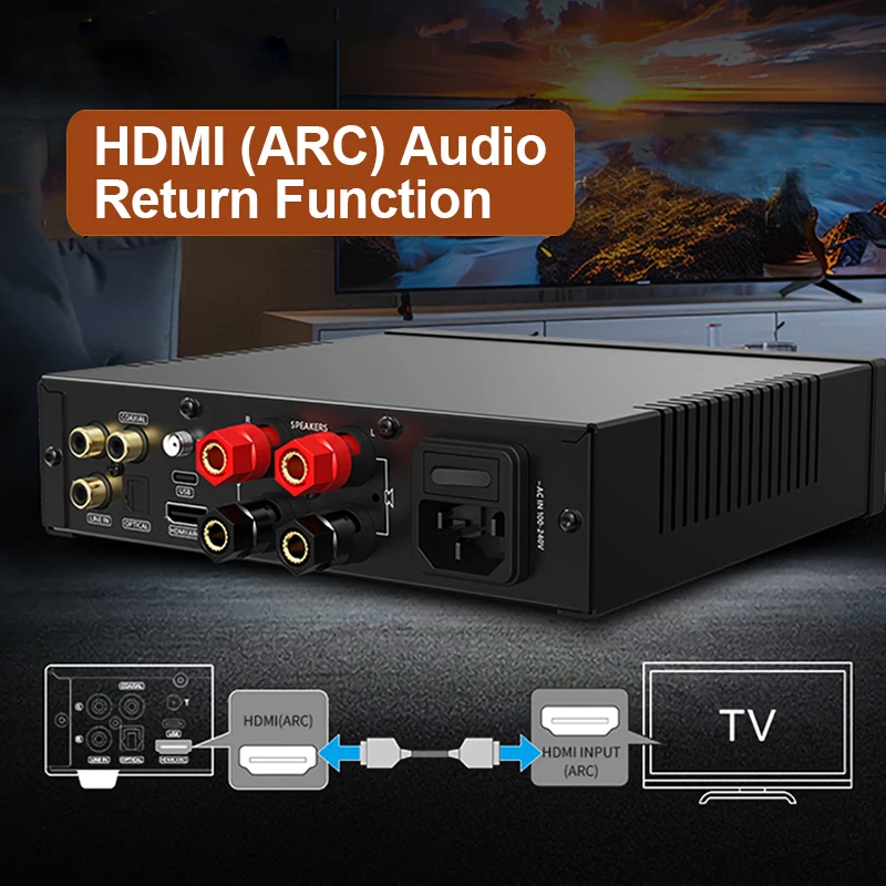 SMSL-A200 Amplificador de áudio com controle remoto, Bluetooth 5.0, HDMI-ARC, USB, potência digital, ajustável, graves, agudos, alta resolução