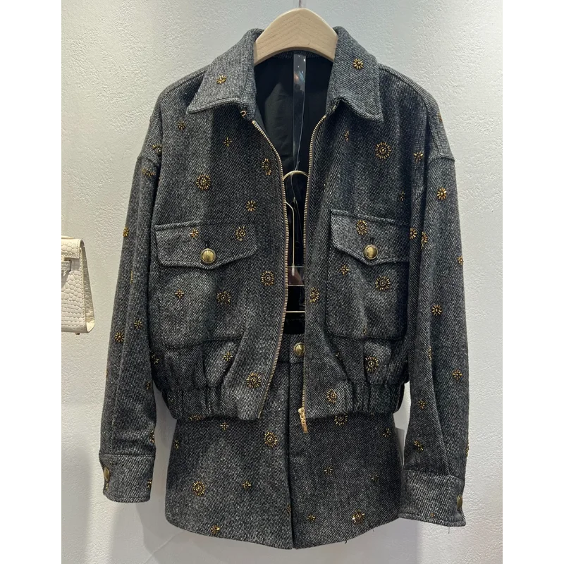 Women Fashion Embroidered Lapel Short Coat+High Waist Shorts Two-piece Small Fragrant Brown Grey Tweed Casual Lady Suit