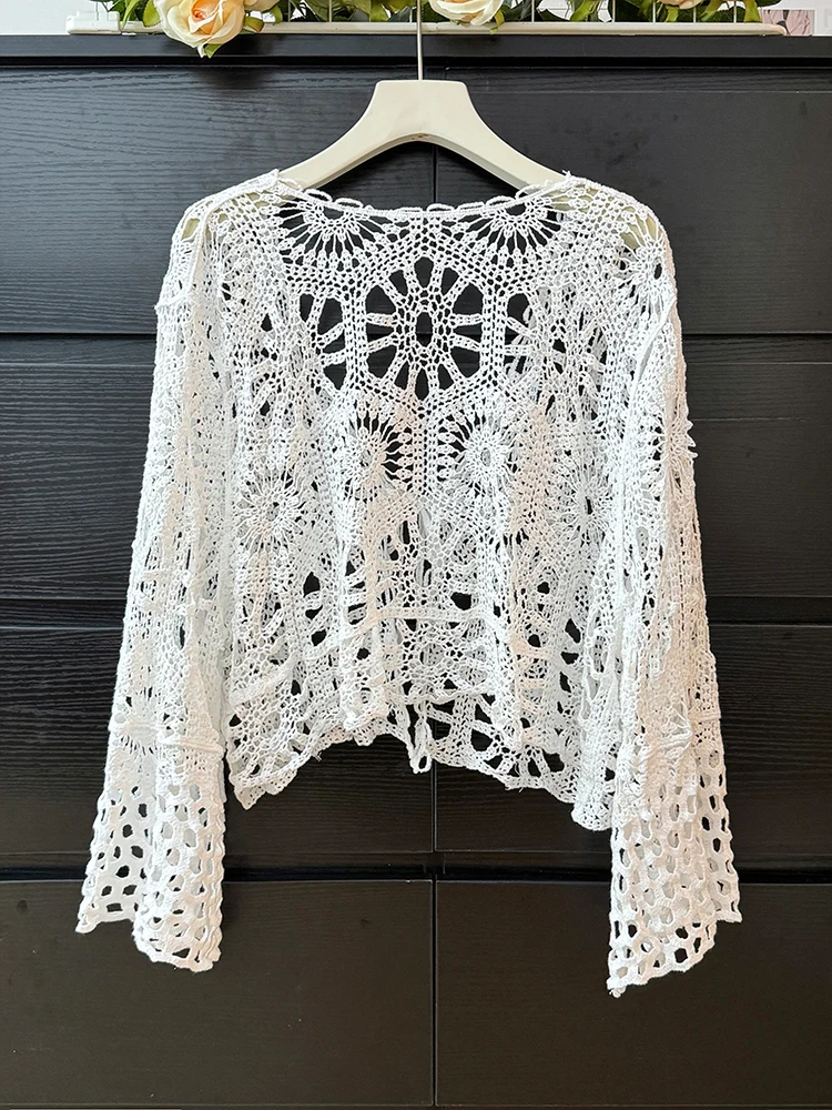 Kimotimo Hollow Hook Flower Thin Knitted Cardigan Women Boho Ethnic Style Long Sleeve Crop Tops Summer Outwear Lace Up Bow Shirt