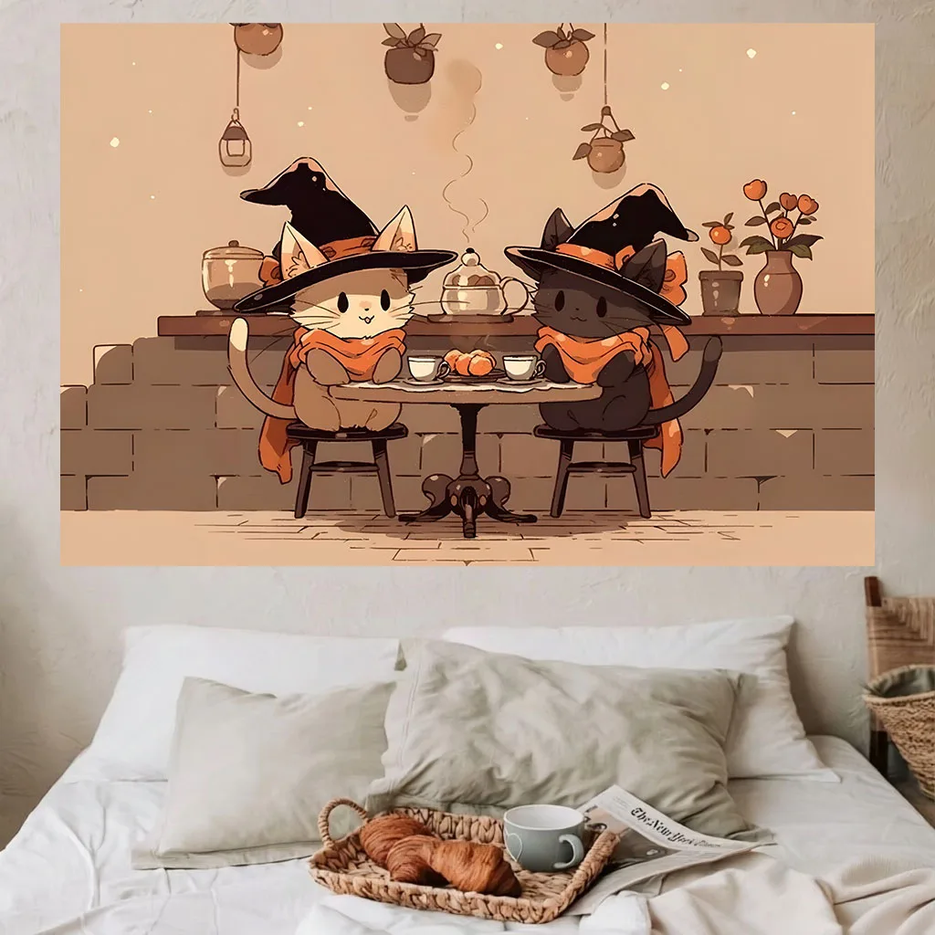 Cottagecore Halloween Tapestry Cute Witch Cats Tea Time Cartoon Wall Hanging Art for Dorm Bedroom Fall Autumn Aesthetic Room