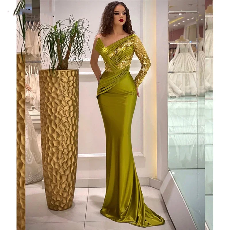 2023 Fashion Charming chartreuse Sequins One Shoulder Long Sleeve Mermaid Evening Dress Satin Pleated Prom Dresses فساتين السهرة