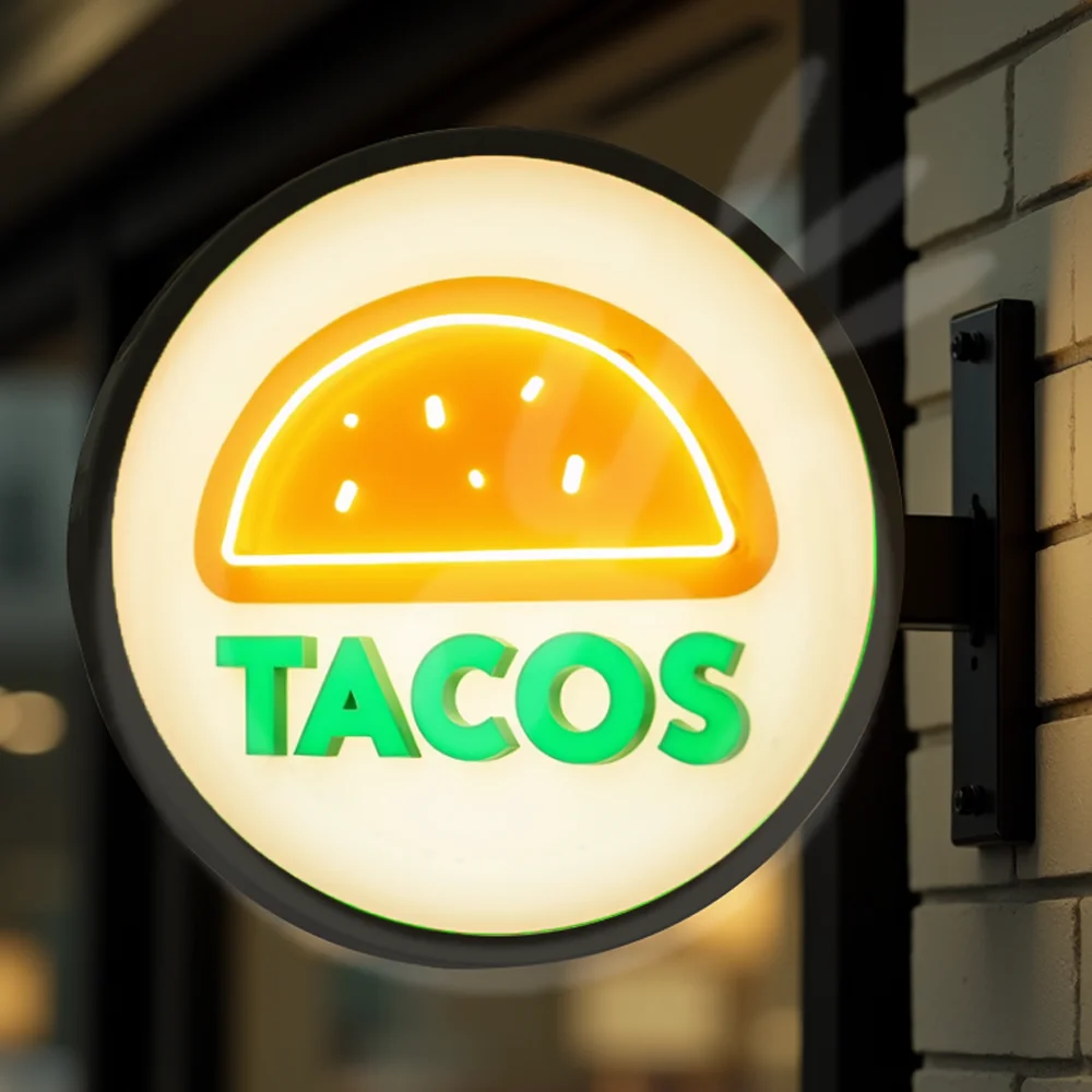 صندوق إضاءة تاكو مستدير من الأكريليك LED مخصص لواجهة المتجر مقاوم للماء على الوجهين لافتات أعمال خارجية مثبتة على الحائط