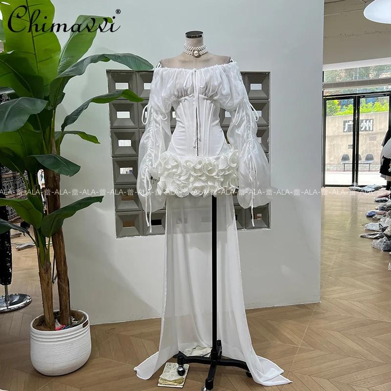 

Fashion Drawstring Splicing Perspective Removable Concave Shape Trailing Dress Summer New Sexy Girl Slim Elegant Short Dress