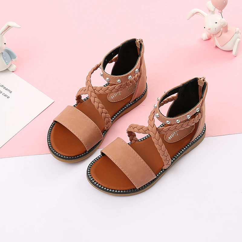 Princess Summer Sandals Fashion Rivets Elegant Girls Weave Braid Party Flats Heels Soft Leather Shoe Kids Elegant Beach Sandal