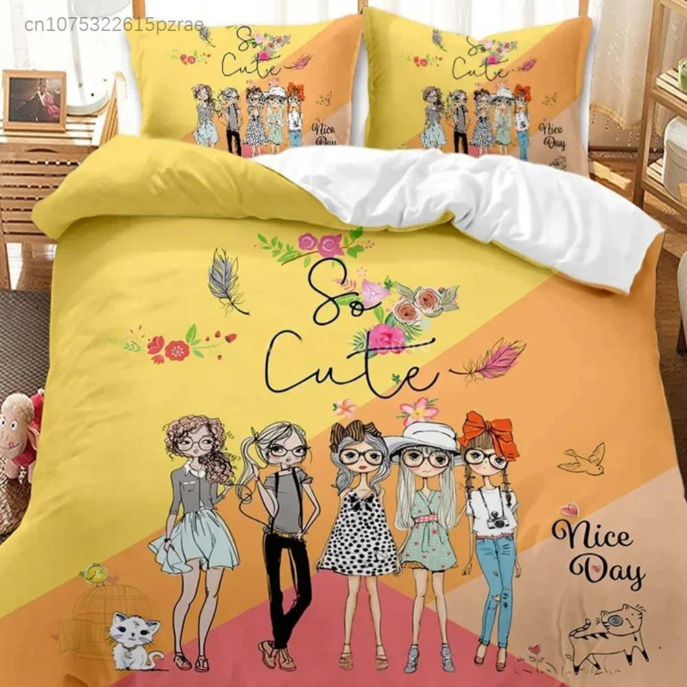 3D Printed Fashion Cartoon Girl Scenery Bedding Set Modern Duvet Cover Double Twin Full Queen King Adult Kids Bedclothes Quilt