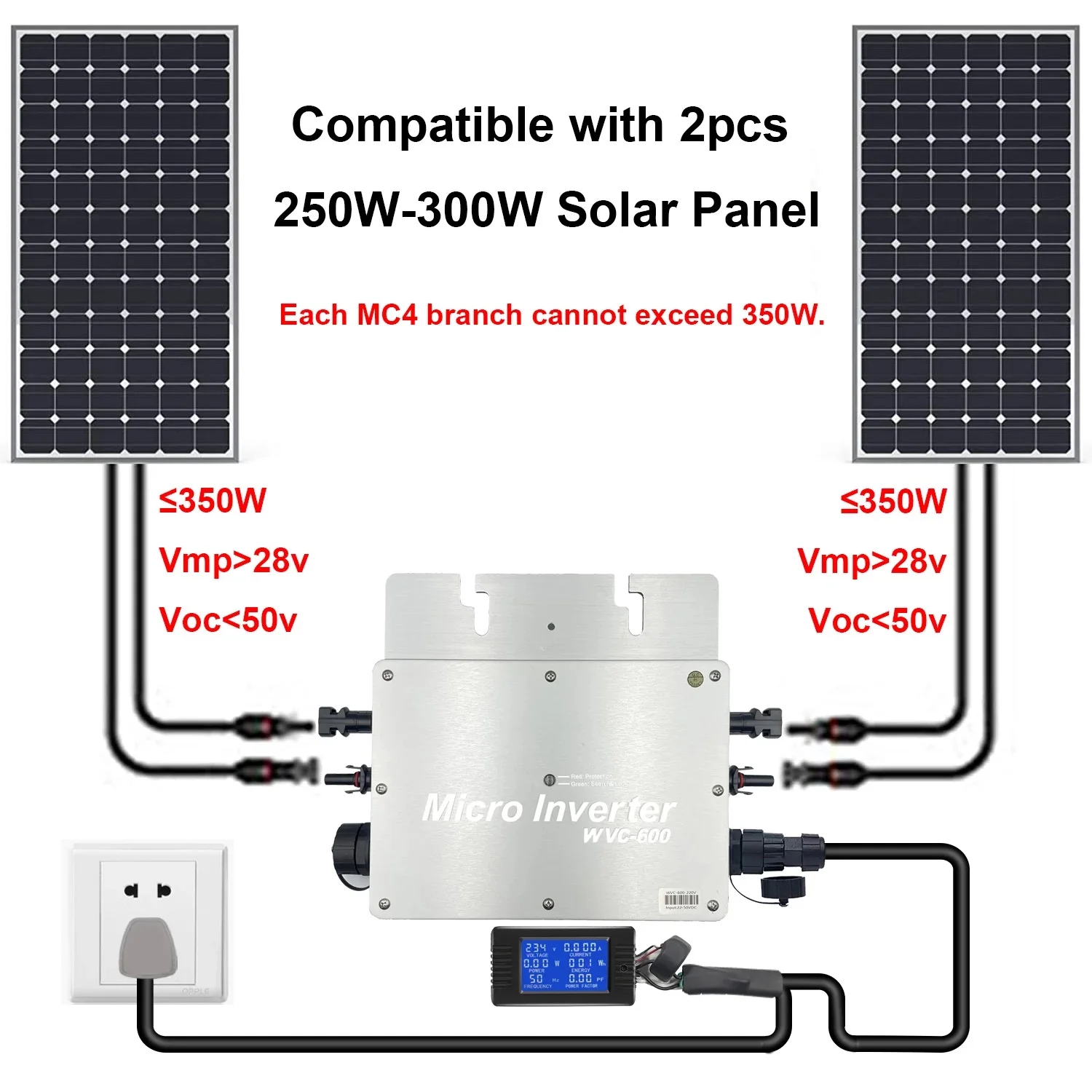 WVC 700W  Micro Solar Grid Tie Inverter Waterproof Grade IP65 Used for Solar PV DC28-50V AC 120V 230V Panel Smart Inverter