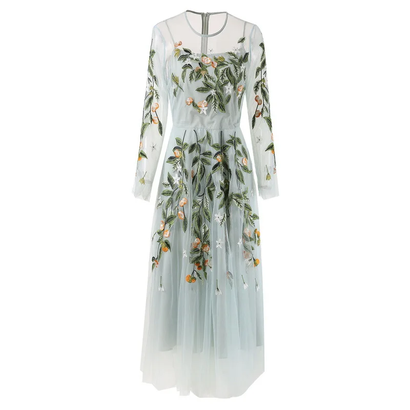 

European and American women's clothes 2023 summer new Round neck Long sleeve net yarn embroidered green fashion Pleated Dress