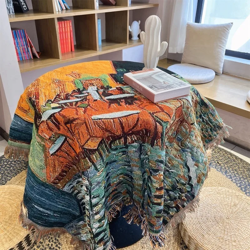 Vintage Oil Painting Thread Blanket Decorative Cover Cloth Tablecloth Art Tapestry For Bed End Sofa Wall Hanging Home Decor
