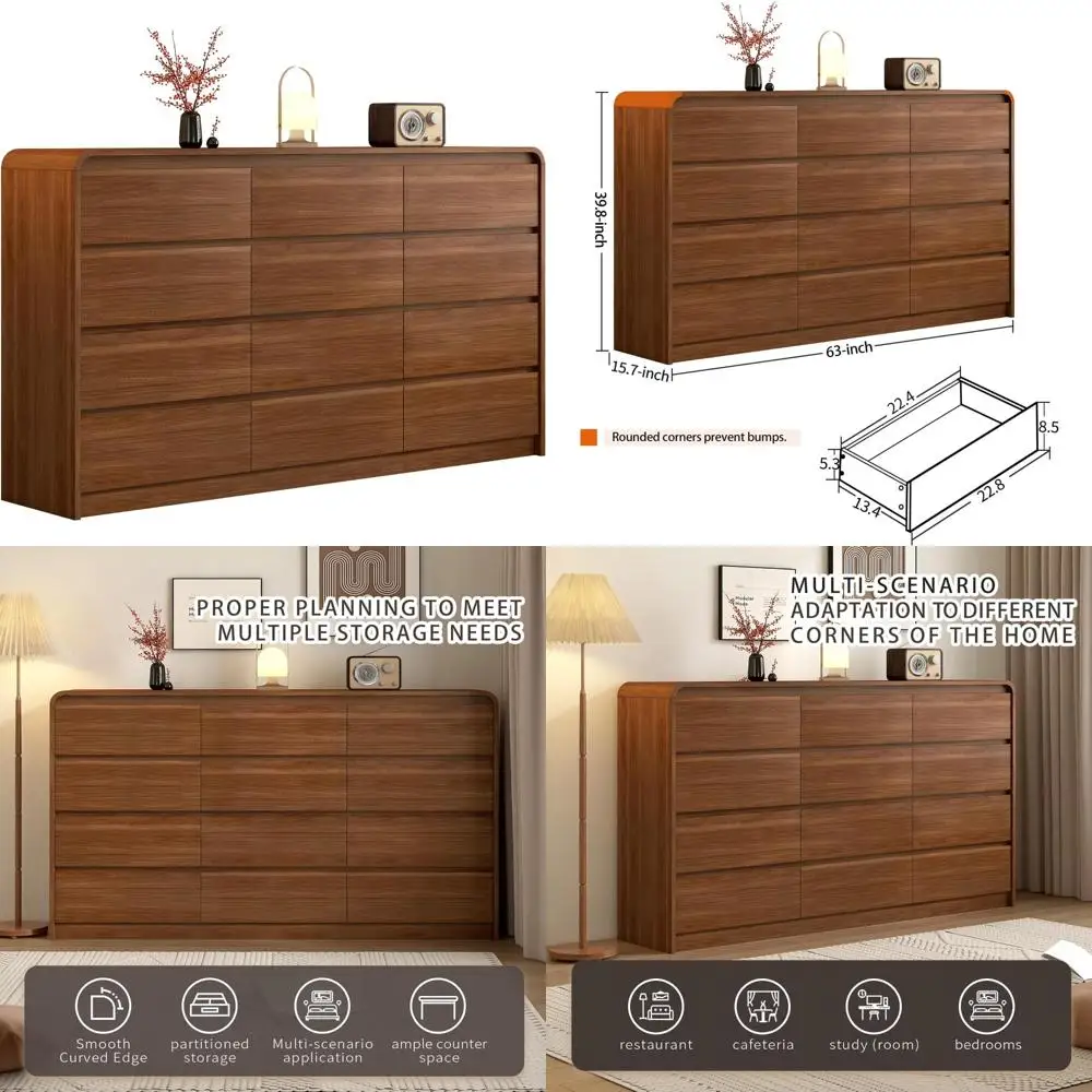 

Mid-Century 12-Drawer Dresser, 63-Inch Wide with Curved Edges and Anti-Collision Feature, Sturdy Storage Cabinet with Pre-Embedd