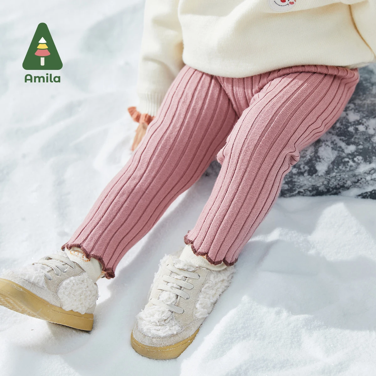 Amila Baby Knit Leggings 2024 Autumn Winter New Three Colors Stripe Casual  Girls Pants High Quality Kids Warm Trousers