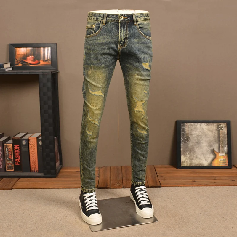 High Street Fashion Men Jeans Retro Washed Stretch Skinny Fit Ripped Jeans Men Patched Designer Vintage Denim Pants Hombre