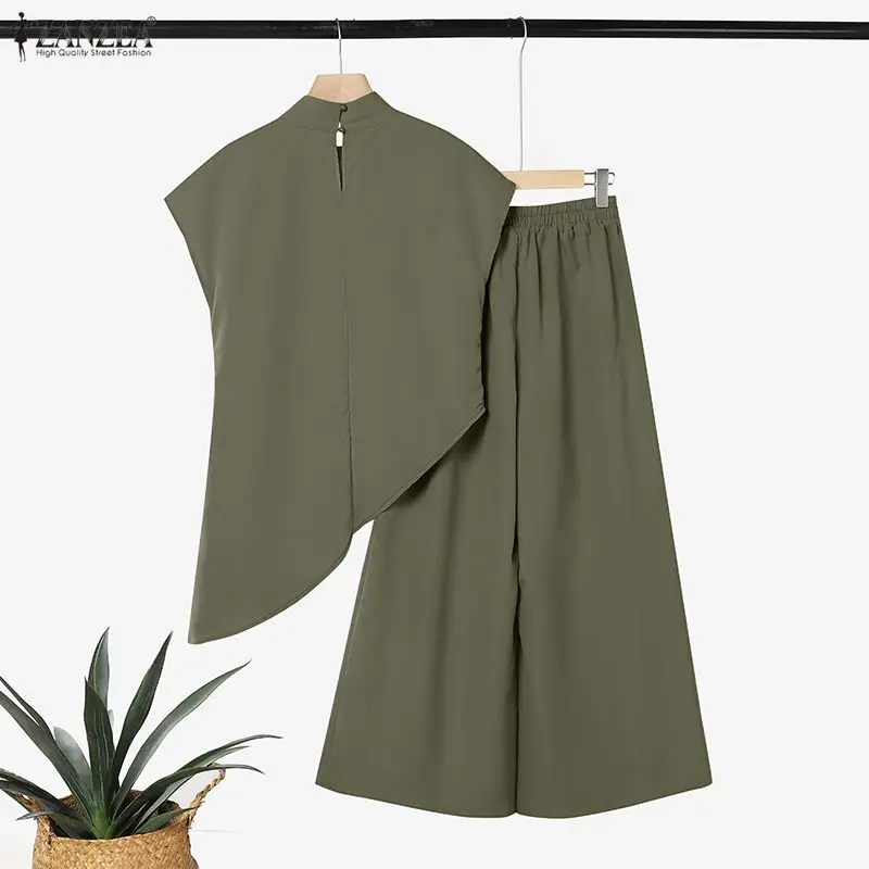 Stilvolle Sommer-Zweiteiler-Sets von ZANZEA für Damen: Oberteile mit Stehkragen, Kurzen Ärmeln und Unregelmäßigem Saum, Weite Hosen, Elegante Büro-Outfits – Detail 12