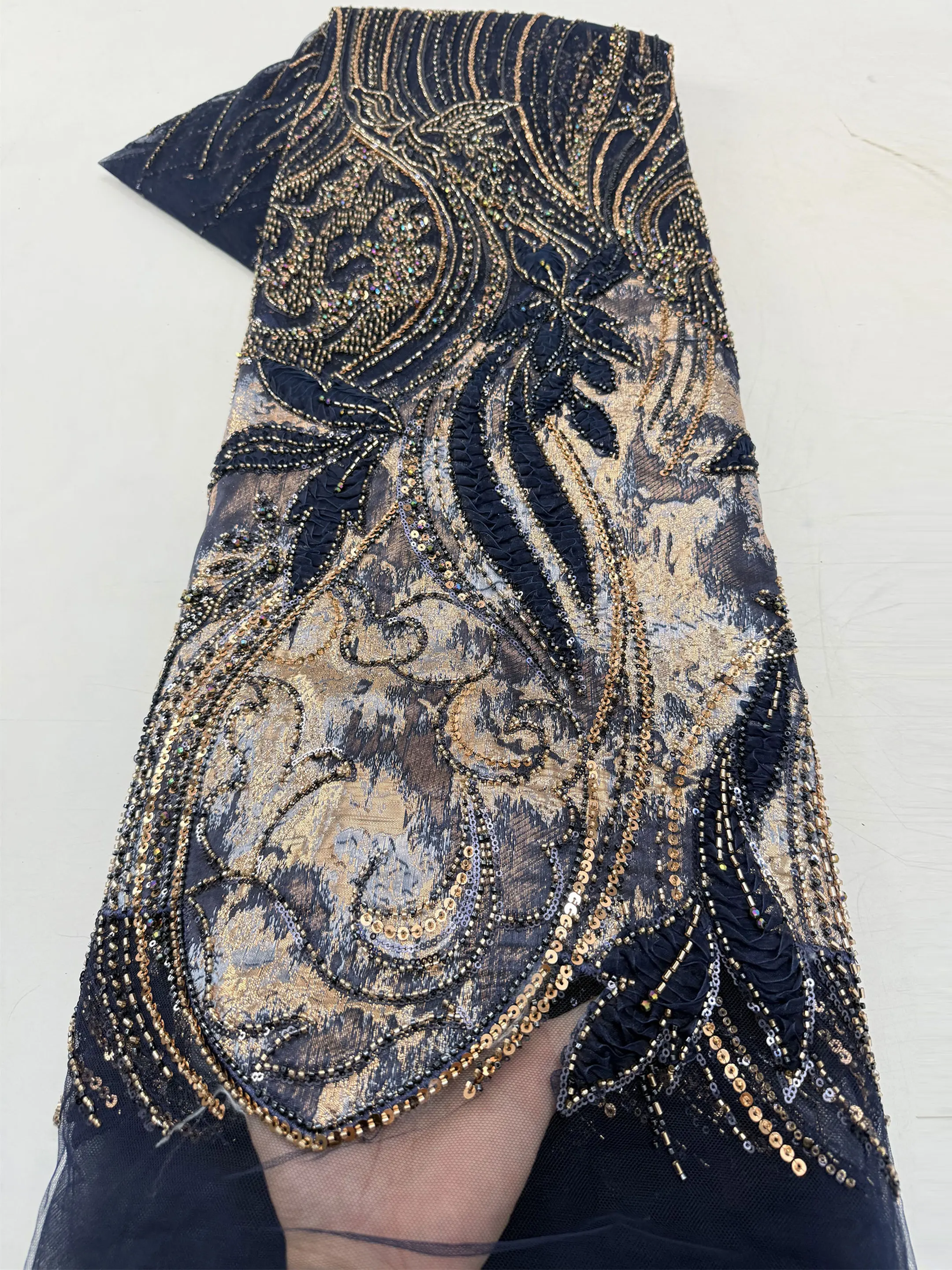 

Африканская нигерийская элегантная ткань, новейшее французское кружево из тюля, с тяжелыми бусинами и пайетками, 5 ярдов, для вечерних и свадебных платьев.