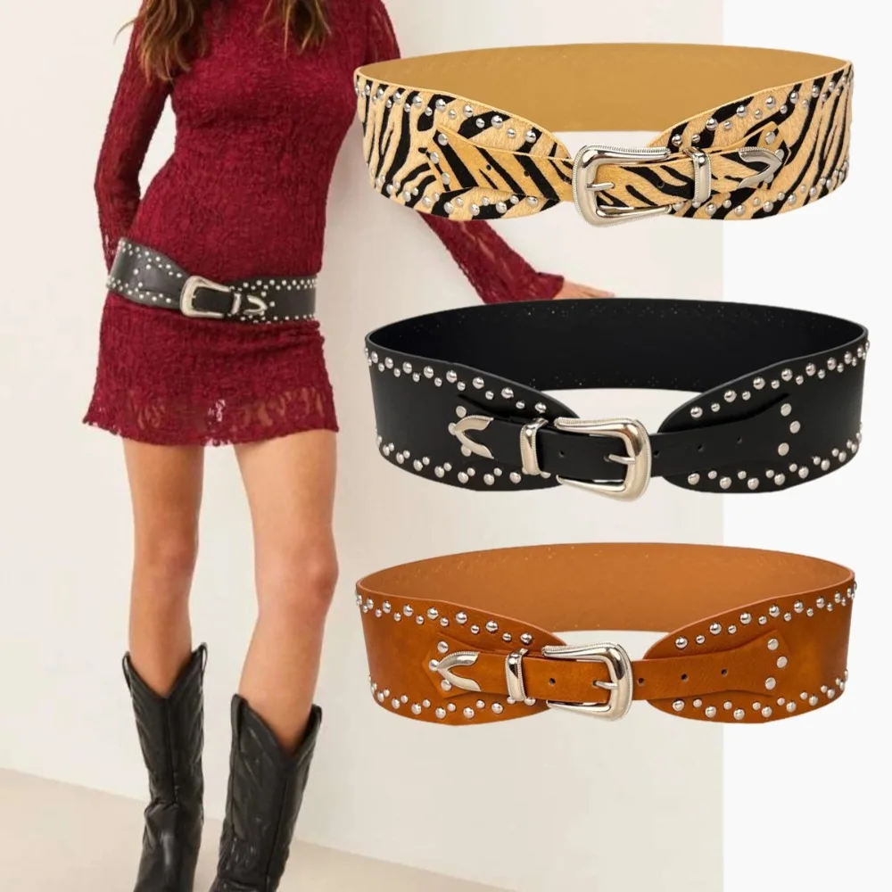 

Y2K Punk Studded Belt for Women-Vintage Gothic Wide Waist Belt with Metal Rivets, Strap for Jeans, Skirts | Fashion Accessories