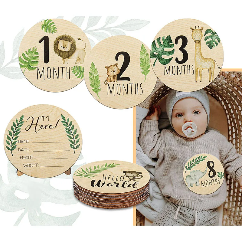 7Pcs Wooden Baby Monthly Milestone Cards Animals Theme Photography Memorial Monthly Newborn Number Card Accessories Sign Gifts