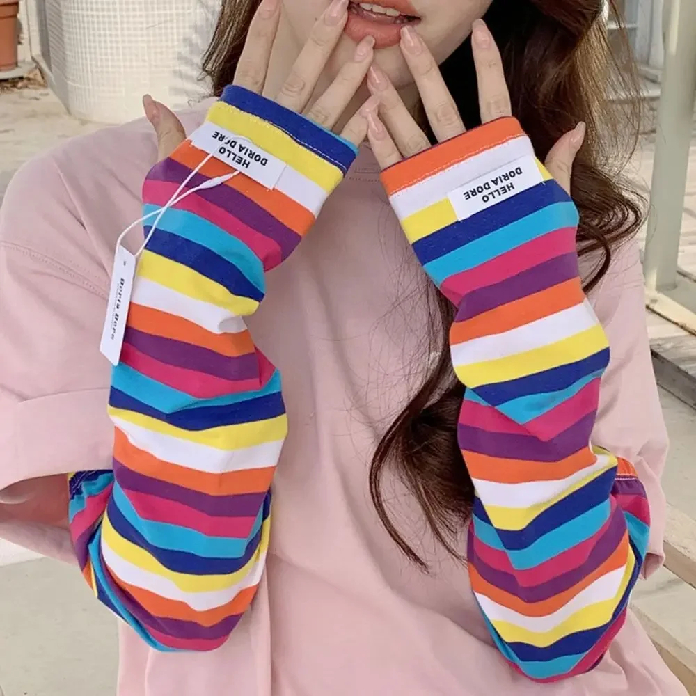 Ice Arm Sleeve Women Soft Loose Stripe Long Fingerless Korean Girls Sun Protection Driving Gloves Breathable Cool Sleeves 쿨토시