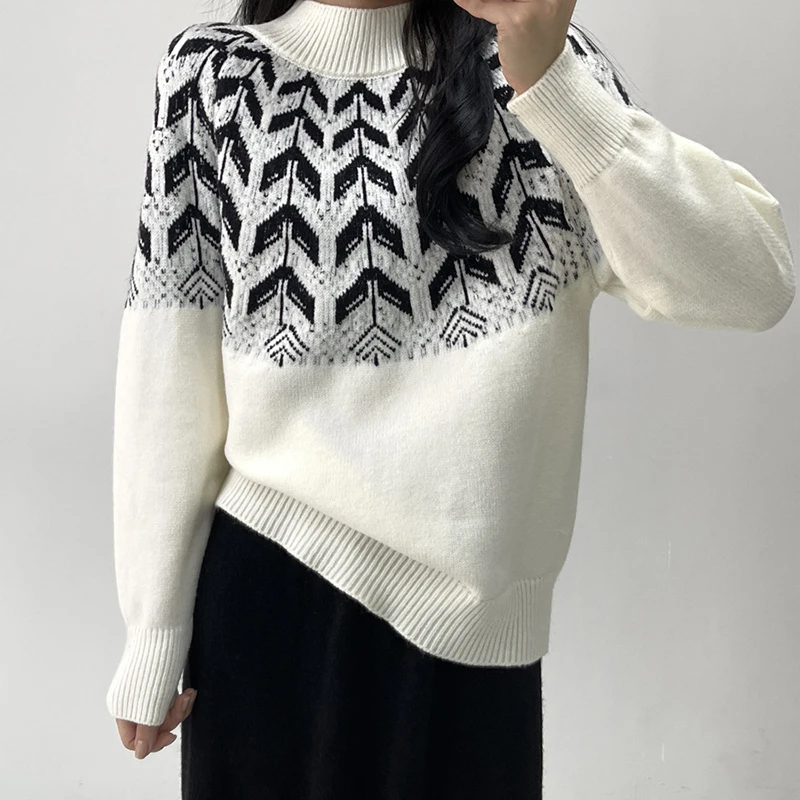 Herbst und Winter Neue Retro Casual Pullover Frauen Frische und Vielseitige Halb Hohen Kragen Lose Farbe Kontrast Pullover