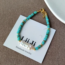 Lii Ji Turquoise Baroque Pearl Stainless Steel Gold Plated Adjustable Fashion Bohemia Style Bracaelet For Women Girls