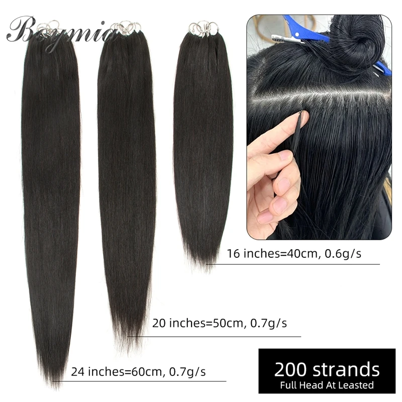 Boymia-extensiones de cabello humano de microplumas, 16 "-24", cuerda de algodón Invisible, extensión de punto, cabello humano Natural liso