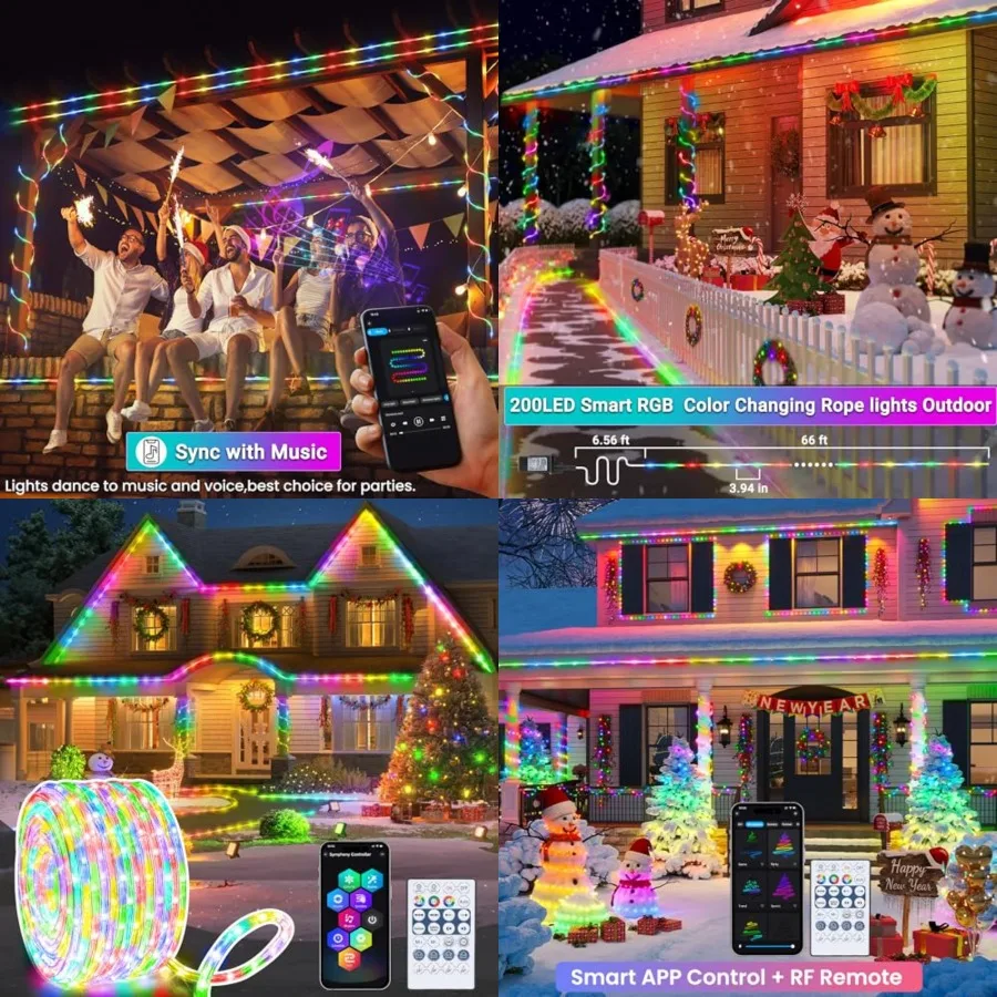 

RGB Color Changing Rope Lights Outdoor, 66ft 200LED Smart String Lights with Remote and APP Control, Waterproof Music Sync Rope
