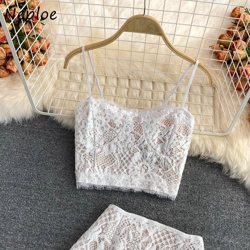 Neploe Lace Hook Flower Hollow Skirt Sets Camisole Vest Super Tops + High Waist Hip Slim A-line Skirts Women Two Piece Suits