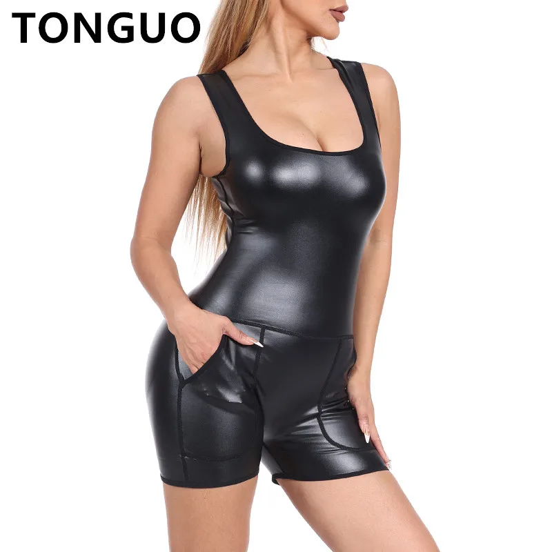 Faux Leather Body Shaper Deep U Neck Sleeveless Corset Tank Top Shorts Women\'s Bodysuit Pu Leather Jumpsuits Rompers with Pocket