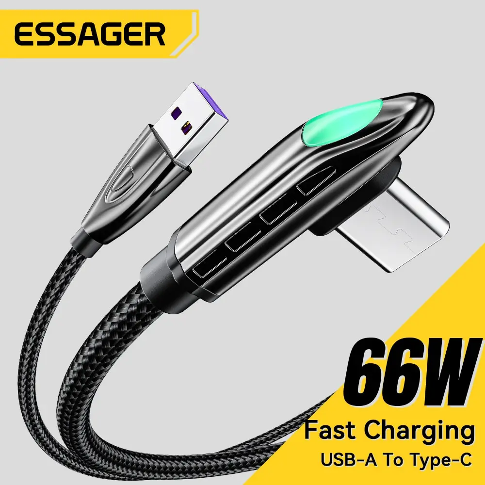 Essager 66W USB Type C Cable 90 Degree Angle For Xiaomi Samsung Huawei Huawei Mate 40 Pro 6A Fast Charging Type-C Date Wire