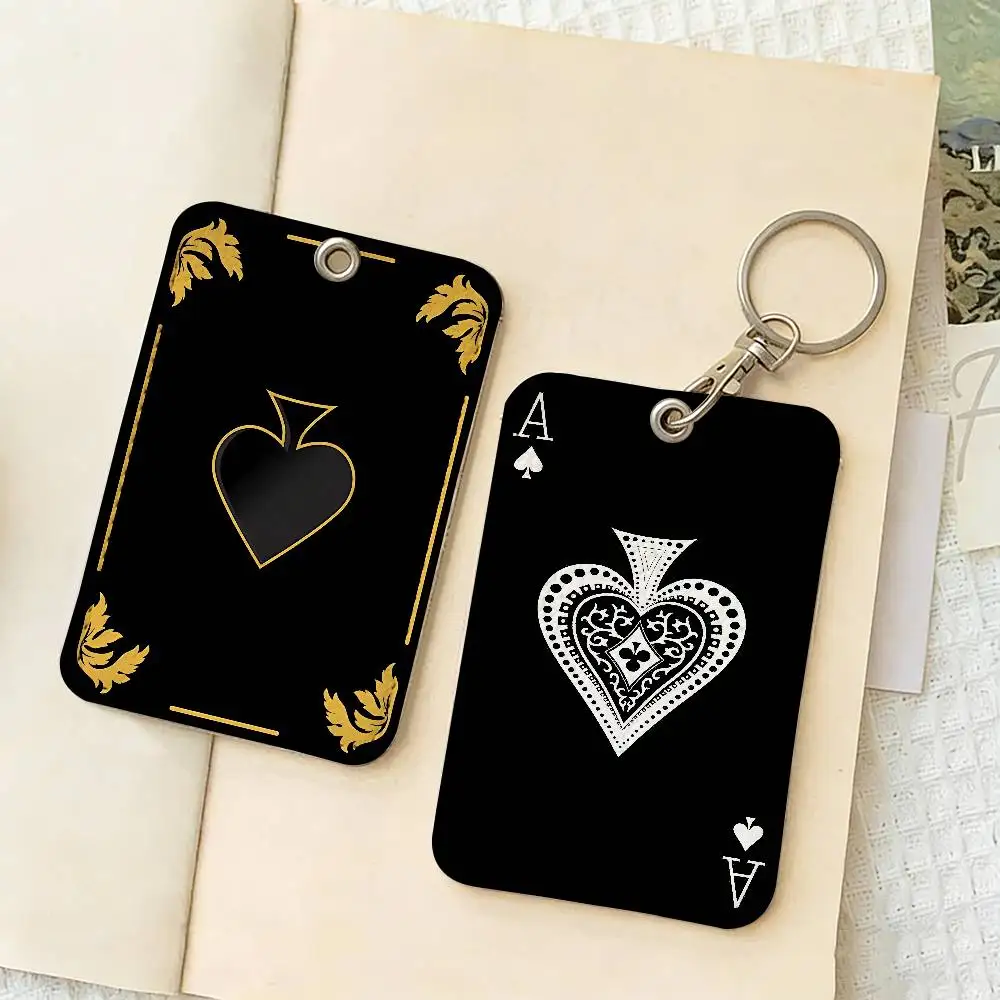 Ace of Spade Rectangle ID Card Case Keychain Access Card Bag Key Tag Ring Leather Card Holder Key Ring Access