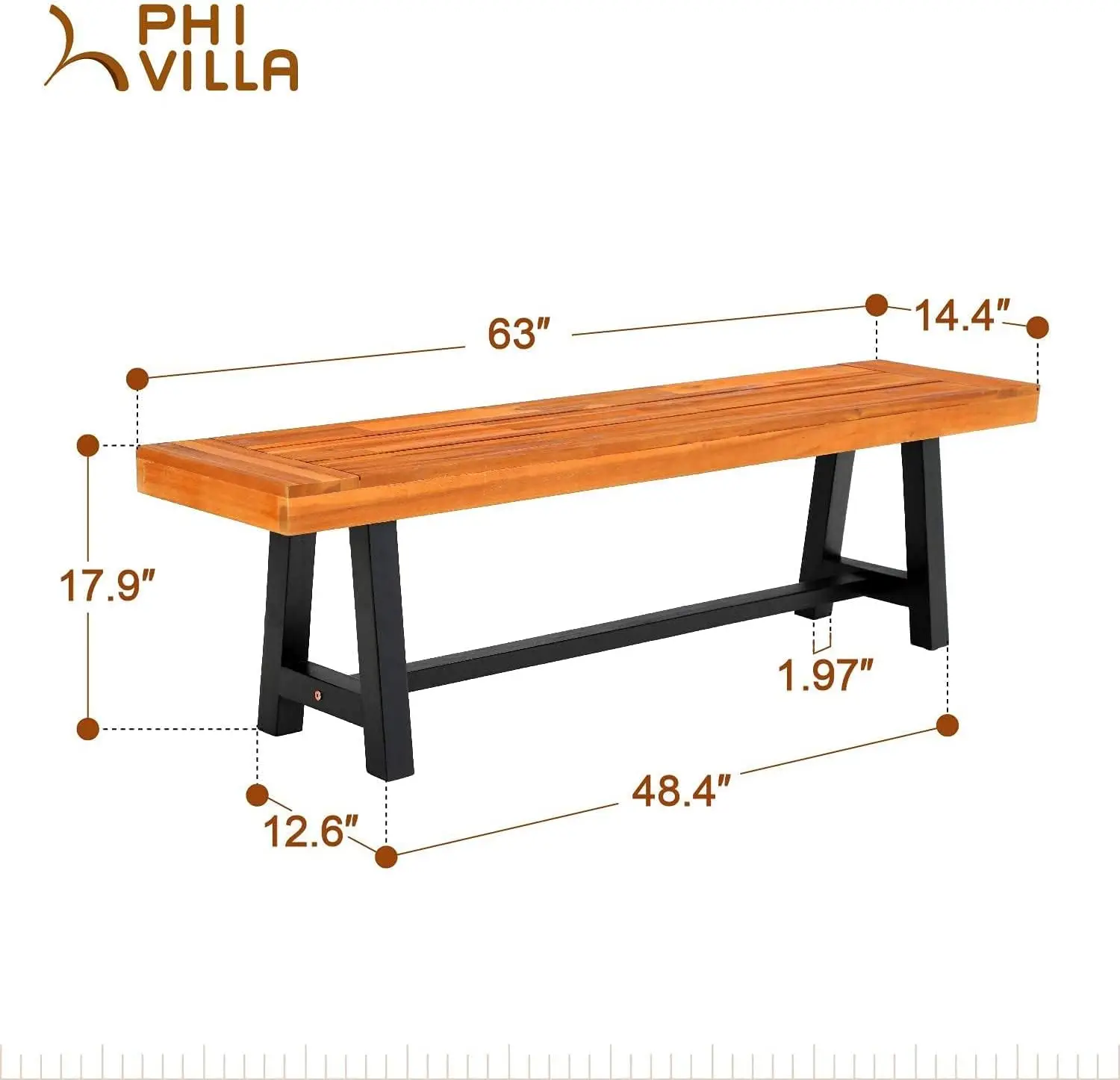 Outdoor Acacia Wood Bench,  Bench Farmhouse Dining Bench for 6 People Backless Oil Finished Teak Bench