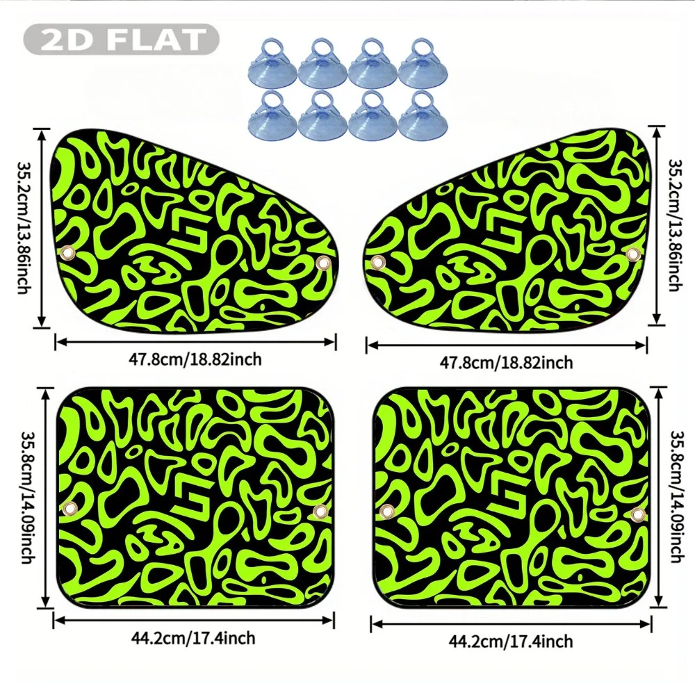 2D FLAT Printing 4pcs Car Side Window Sunshades With 8 Suction Cups, Neon Green Abstract Swirl Pattern On Black Background