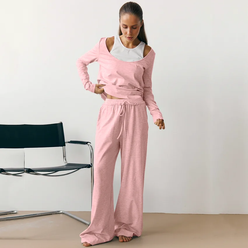 

HiLoc Casual Pink Sleepwear Suits Women Home Knit O Neck Tee And Drawstring Pants 2 Piece Sets 2025 Fashion Long Sleeve Pajamas