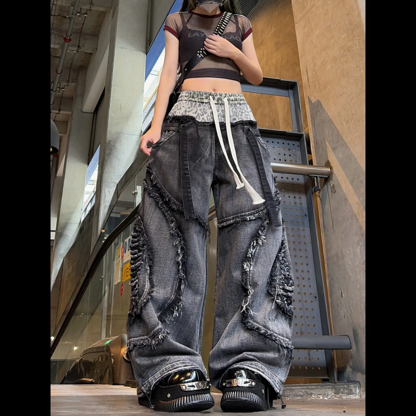 Womens Leopard Panel Jeans Double Waistband Ripped Wide Leg Denim Pants with Ties for Hip Hop Dance Performances