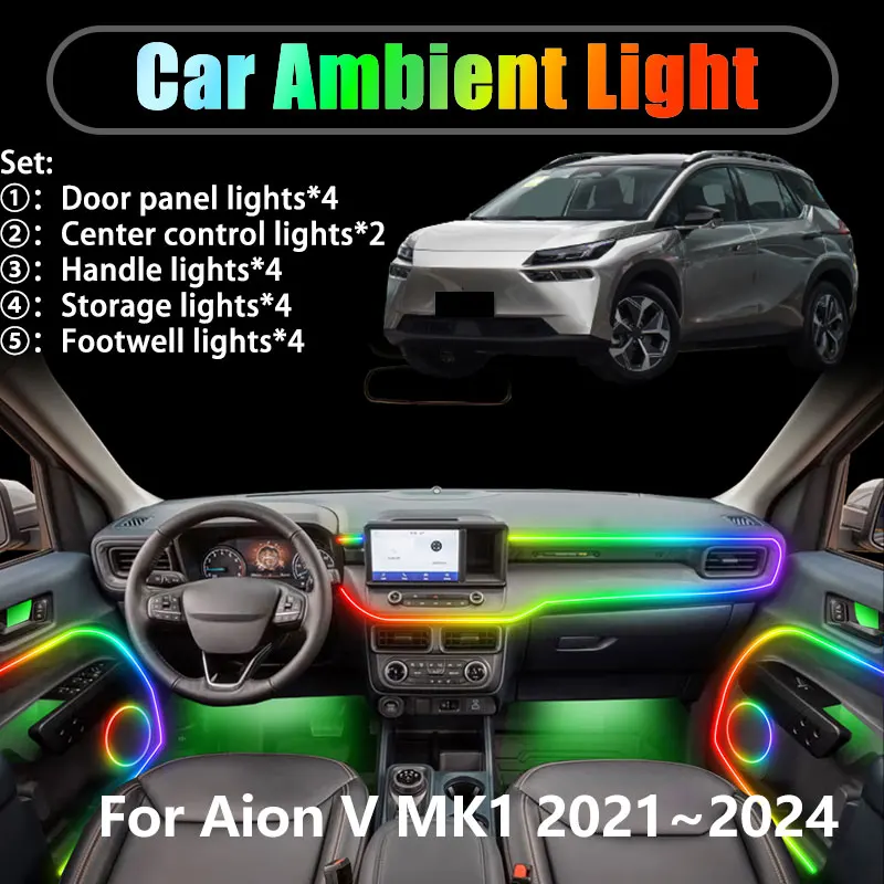 

Для Aion V MK1 2021 ~ 2024 2022 Mitsubishi 2/18 в 1 Автомобильное окружающее освещение Светодиодные внутренние светодиодные фонари багажника USB RGB Ensemble Streamer