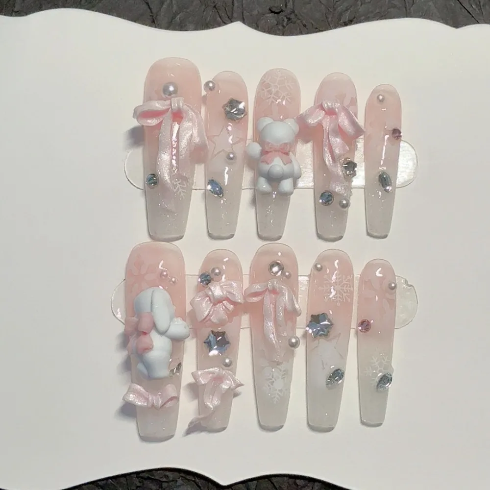 

10 штук милых розовых накладных ногтей ручной работы с 3D-дизайном: медведь, кролик, снежинка, блестящие стразы, жемчуг. Многоразовые накладные ногти.