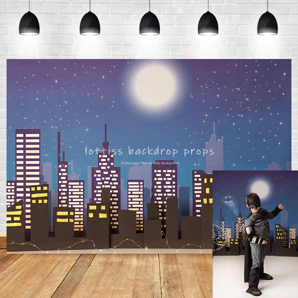 

Cityscape Superhero Backdrops Boy Child Cake Smash Decors Baby Birthday Party Props Skyscraper City Background Photostudio