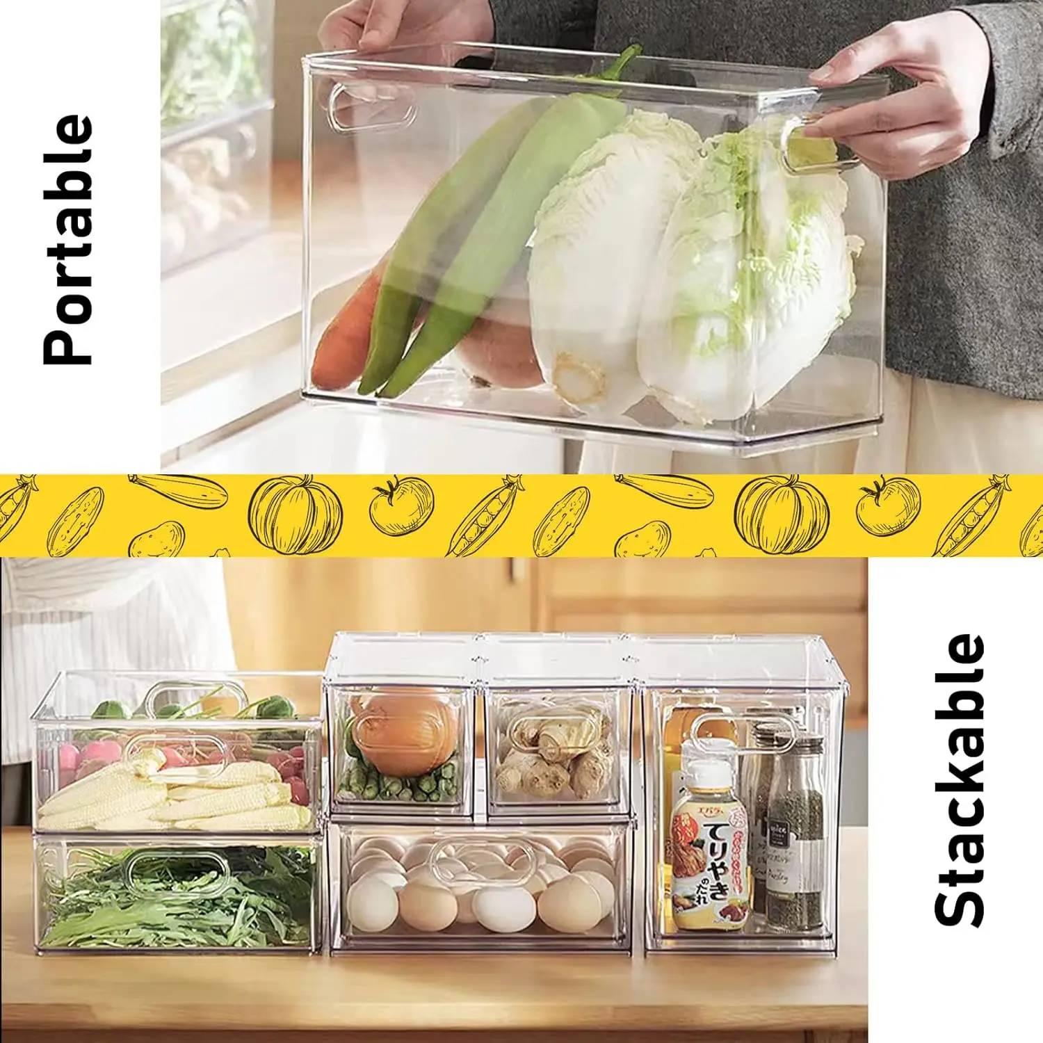 4 Pack Refrigerator Organizer Bins with Pull-out Drawer Stackable Clear Fridge Drawer Organizer Fruit Vegetable Storage Containe