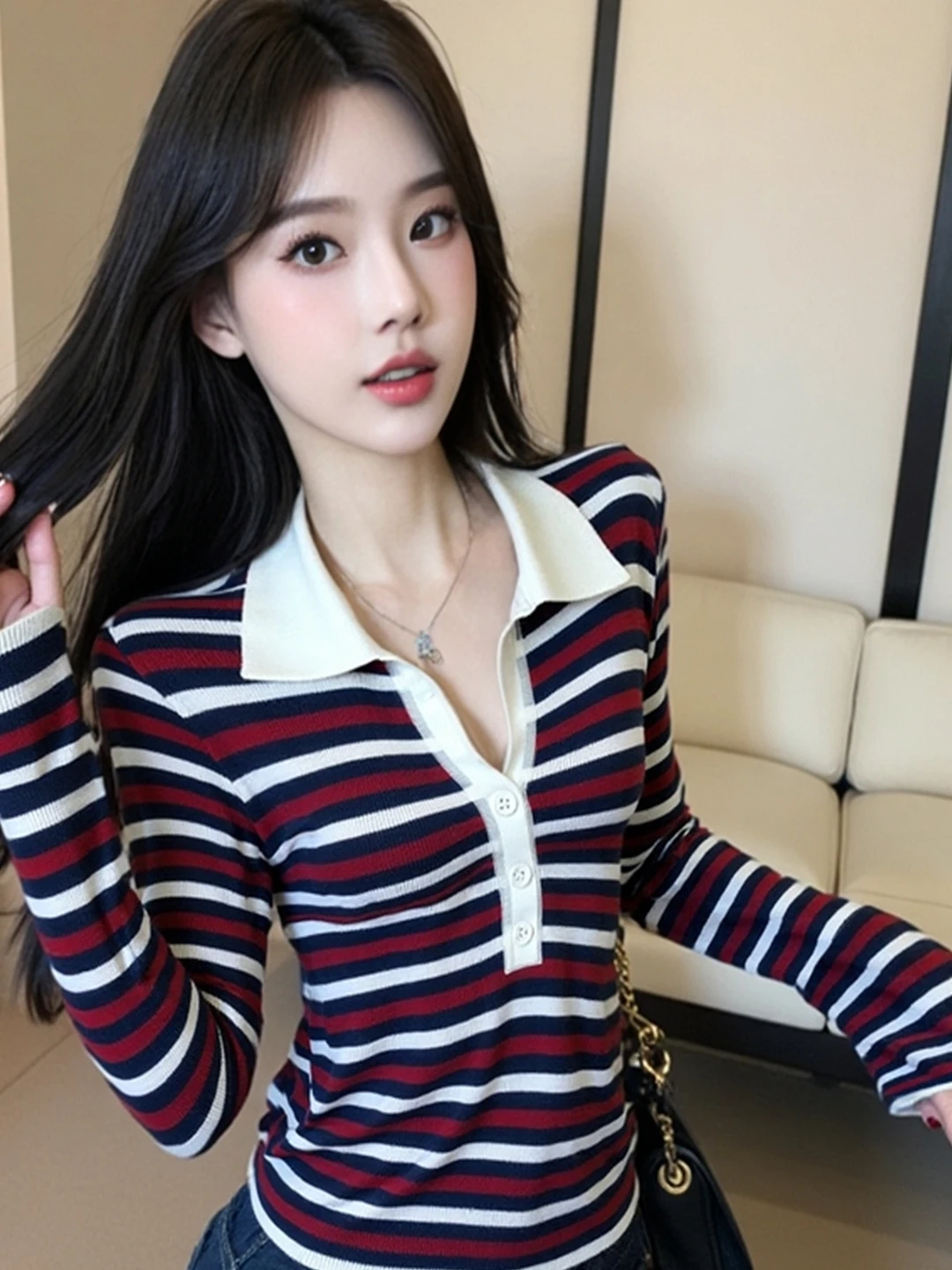 

Korean Style Long Sleeve Neck Knitted T-Shirt Women's Slim Fit Stripe Pattern Waist-Cinching Vintage Top for Autumn
