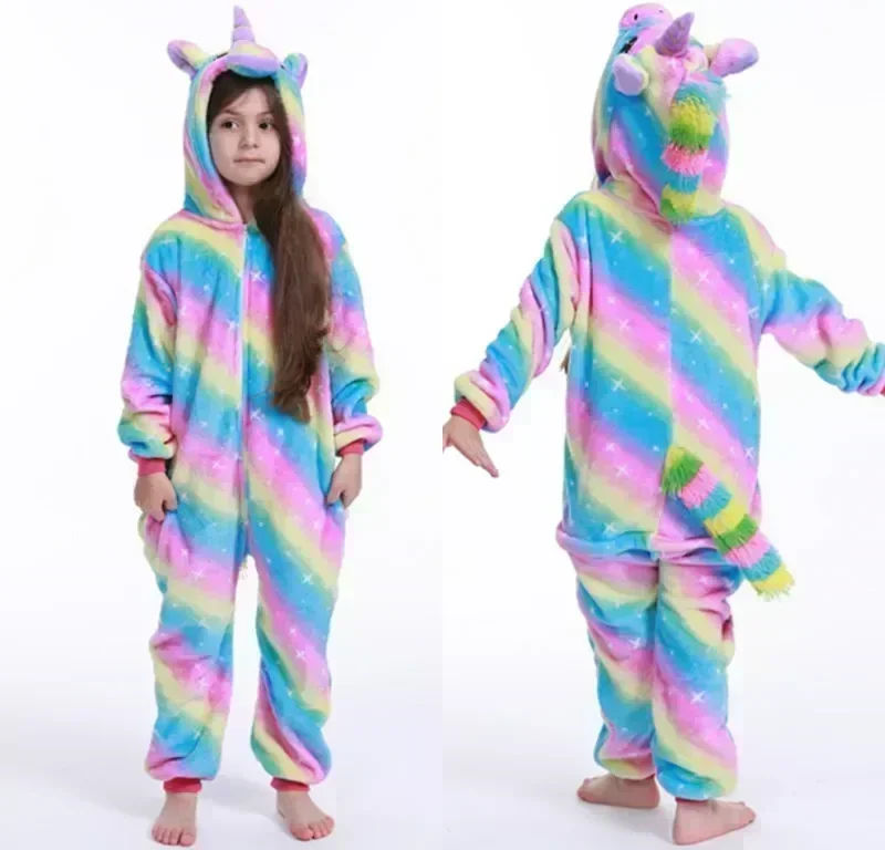 4 8 10 12 14 16 Years Girls Purple Pink Jumpsuits Unicorn Pajamas Kigurumi Toddler Kids Hooded Flannel Home Wear Children Onesie