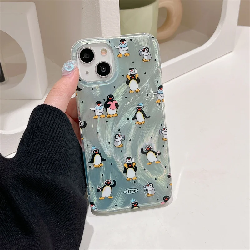 Polka Dot Cute Penguin Single Shell Feather Pattern Phone Case  For iPhone 11 12 13 14 15 pro max