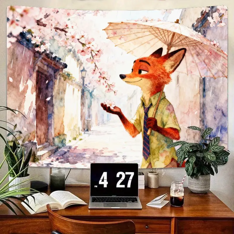 

1 шт. розовый Kawaii Nick Wilde акварельный гобелен, Zootopia аниме Сакура дождь настенное искусство, эстетический декор комнаты подарок для фанатов