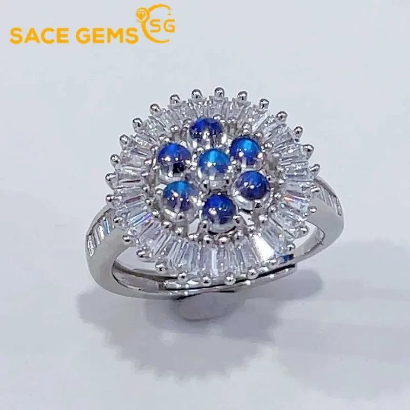 

SACE GEMS New 925 Sterling Silver 3MM *7 Natual Blue Moon Stone Rings for Women Engagement Cocktail Party Fine Jewelry Gift