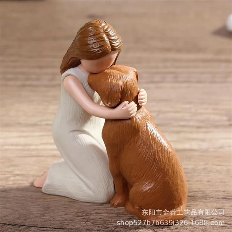 

Смола девушка обнимающая фигурка собаки домашнее животное скульптура милый сердце теплая сувенир домашний стол полка декор для любителей домашних животных подарок на день рождения
