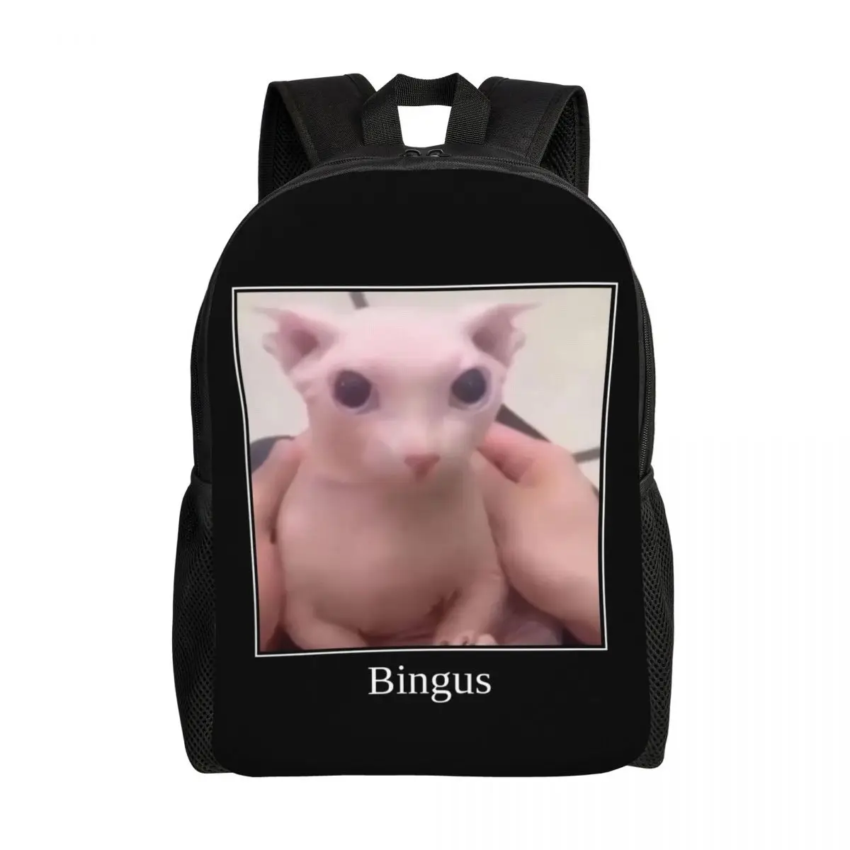 Mochila de texto personalizada Bingus para mulheres e homens, mochila casual para escola, faculdade, sphynx, gato Meme sacos