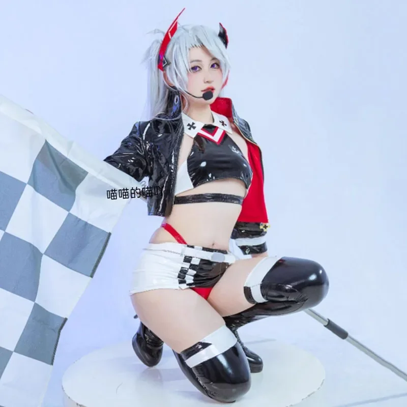 Game Azur Lane Prinz Eugen Cosplay Costume Women Sexy Leather Tops Skirt Jacket Suit Bunny Girl Racing Uniform Halloween Costume