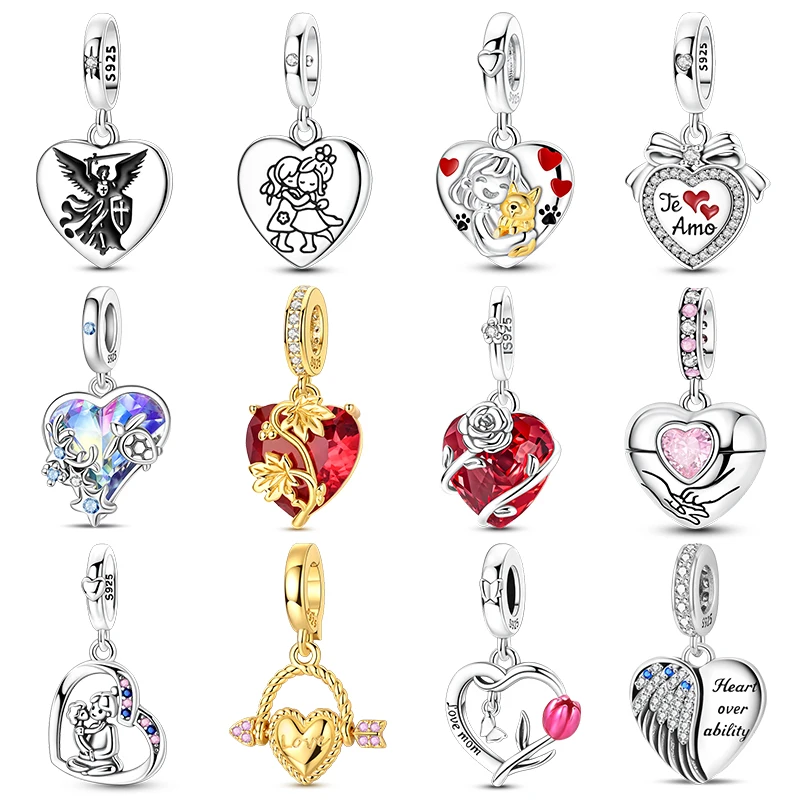 925 Sterling Silver Heart Beads Angel Wing Hugging Girl CZ Zircon Red Rose Dangle Charms For Ladies Daily Bracelet Jewelry Gift