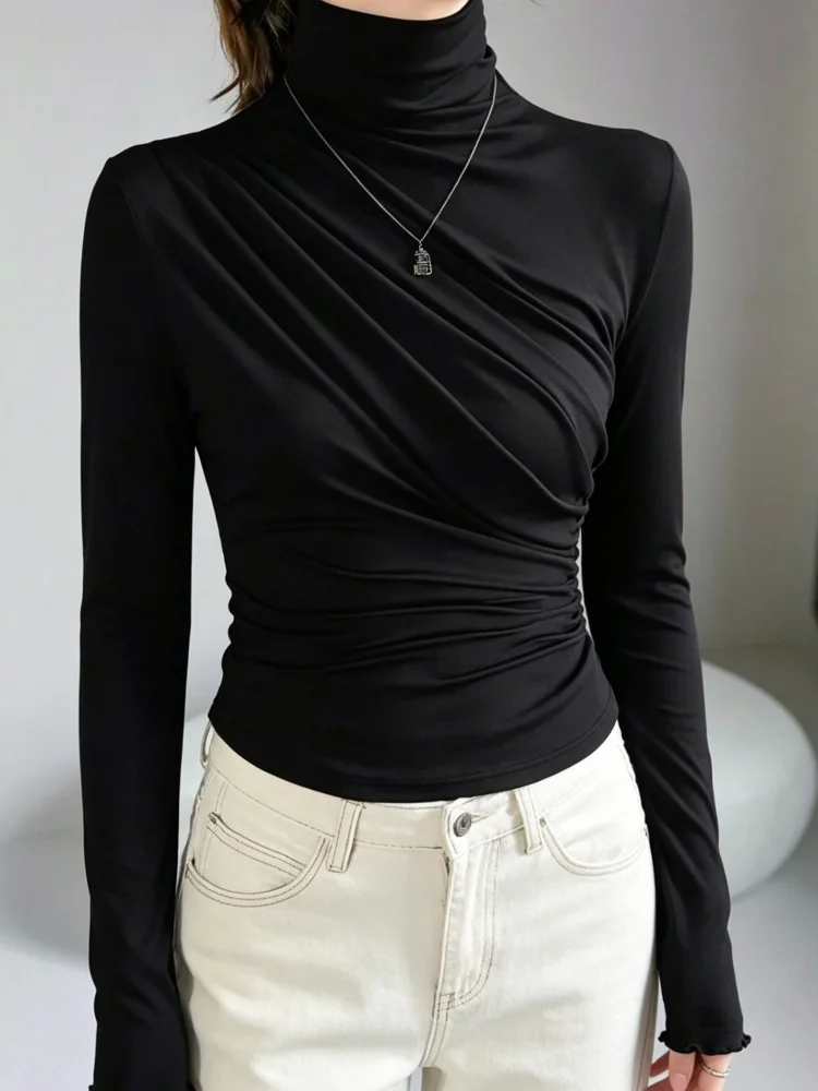 Autumn Women Turtleneck Long Sleeve Top Elegant Diagonal Ruched Slim Fit Blouse Solid Color Pleated Basic Shirt Fashion Casual