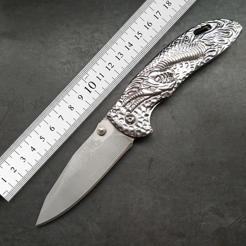 

Folding Knife Perfect Damascus Marked Nostalgia of the dragon grain High-end gift knife Outdoor camping tool knife